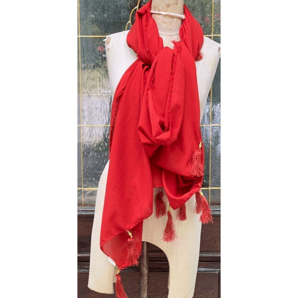 Large Rust Colored Raw Edge Scarf With Tassels - 33" x 75" - Picture 2 of 3